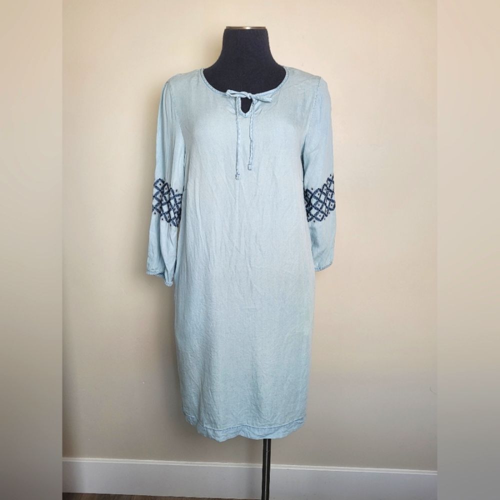 Downeast Chambray Shirt Dress Lyocel Bohemian Embroidered Midi Blue Gypsy Small